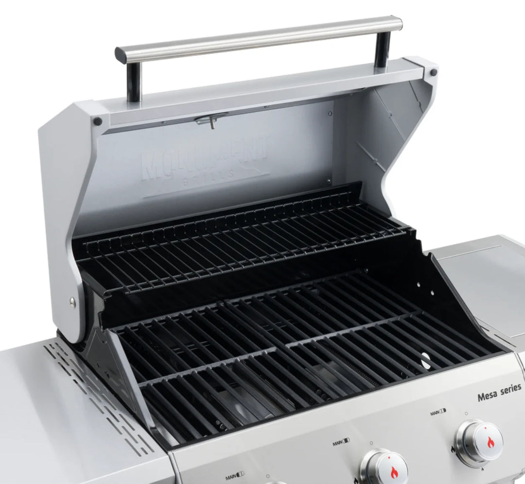 Monument Grills Mesa Series M305 Gas Grill - Compact stainless steel propane grill with 3 high-performance burners, delivering 45,000 BTUs of consistent heat and porcelain-coated cast iron grates for restaurant-quality sear marks.