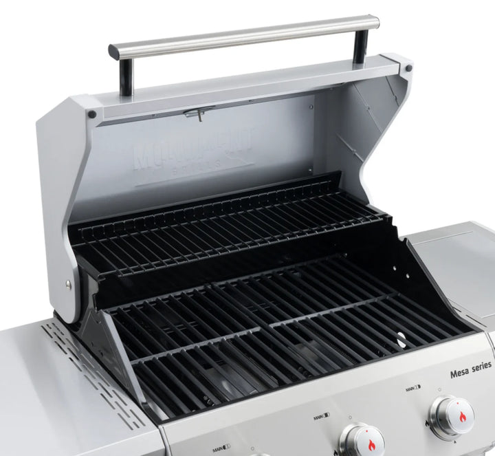 Monument Grills Mesa Series M305 Gas Grill - Compact stainless steel propane grill with 3 high-performance burners, delivering 45,000 BTUs of consistent heat and porcelain-coated cast iron grates for restaurant-quality sear marks.