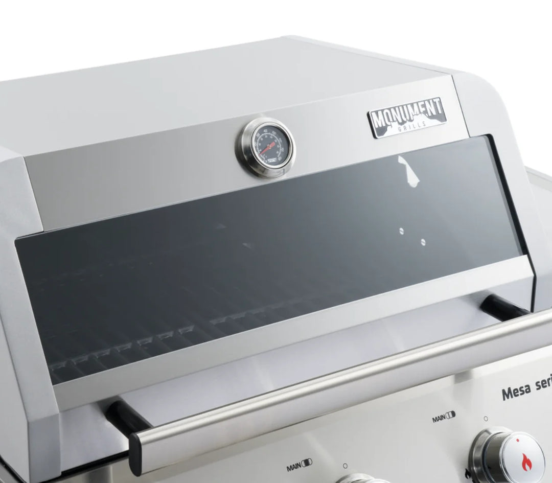 Monument Grills 'M305' Gas Grill - Mesa Series stainless steel propane grill with 3 high-performance burners, porcelain-coated cast iron grates and sleek modern design.