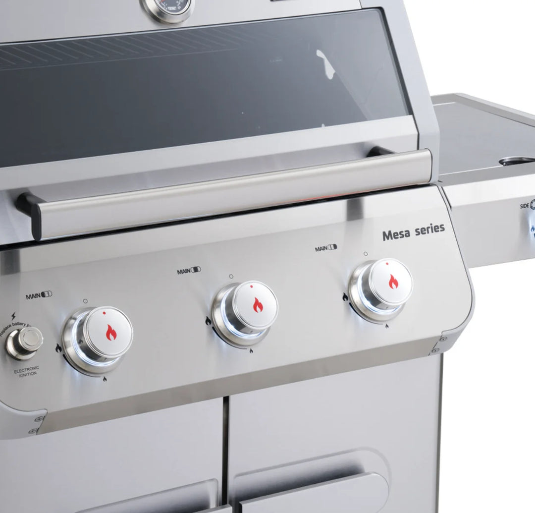 Monument Grills Mesa Series M305 Gas Grill stainless steel propane grill with 3 high-performance burners, compact design, durable construction, porcelain-coated cast iron grates and modern aesthetic.