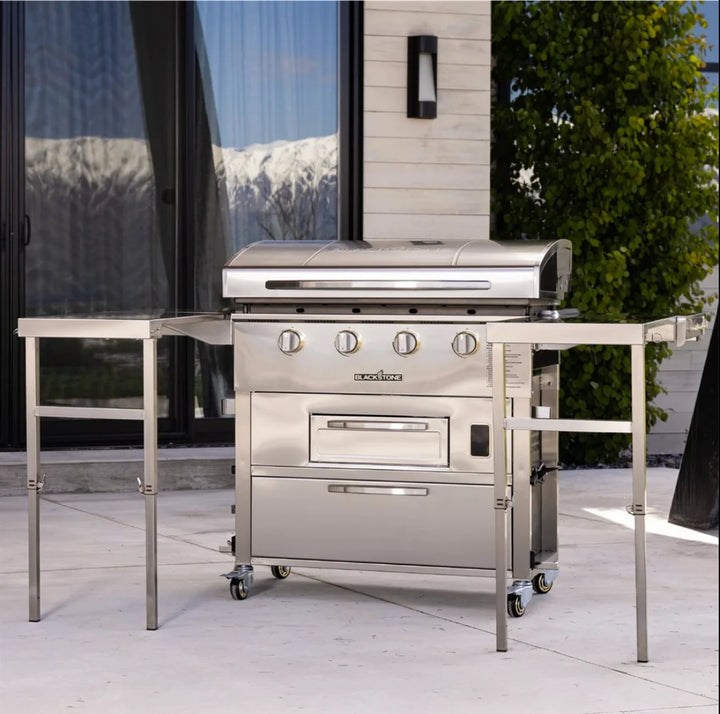 Blackstone Select 36” Griddle & Air Fryer Combo features 304-grade stainless steel construction, four independently controlled heat zones, convection oven drawer up to 500°F, and dual extendable side tables with 1,500 sq. in. of prep space.