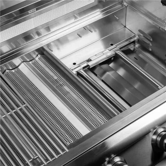 Blaze Freestanding Prelude LBM 32-Inch Gas Grill features four commercial-grade stainless steel tube burners delivering 56,000 BTUs across 740 square inches of cooking space, with heavy-duty stainless steel cooking rods and double-lined grill hood for reliable performance and heat retention.