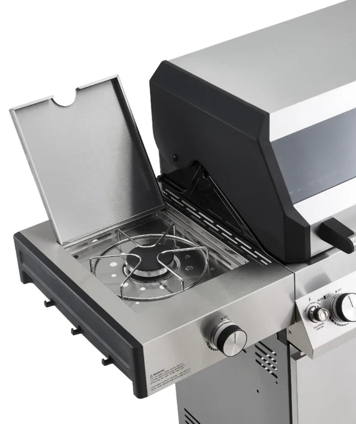 Monument Grills Denali Series D405 Stainless Steel Smart Propane Grill features a digital touchscreen, Bluetooth connectivity, color-changing LED knobs, and 60,000 BTUs of total output for precision cooking control.