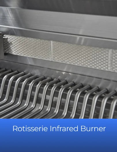 Broilmaster G-Series 42" Portable Gas Grill featuring durable 304 stainless steel construction, four powerful Bow Tie burners, 11,000 BTU rear infrared rotisserie burner, and expansive 1,006 sq. in. cooking area.