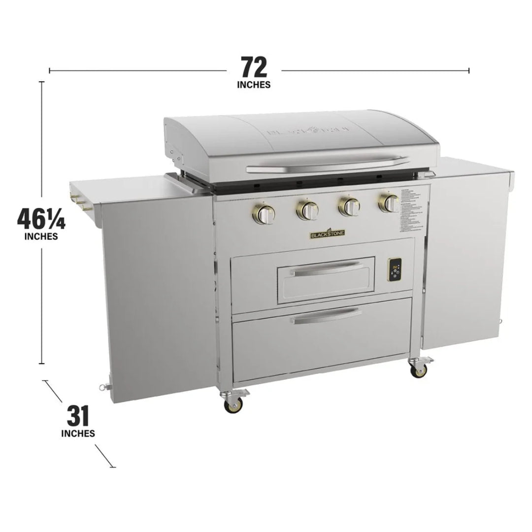 Blackstone 36” Griddle Air Fryer Combo with Dual Side Tables and Storage: High-performance cooking combo featuring 304-grade stainless steel construction, convection oven drawer, four independently controlled heat zones, and extra-large storage drawer with soft-close hinges.