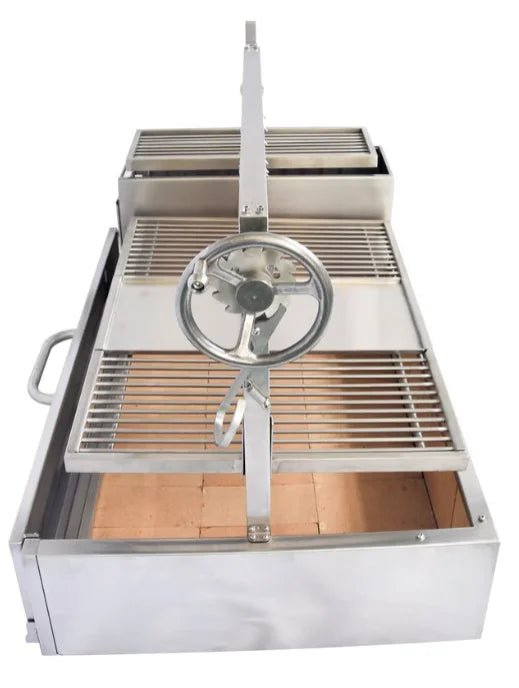 Tagwood XL Built-In Santa Maria Style Grill: Large stainless steel BBQ with 1,103 sq in grilling area, featuring firebrick insulation, height-adjustable main grate, secondary grate, and S-shape meat hooks for open-fire cooking.