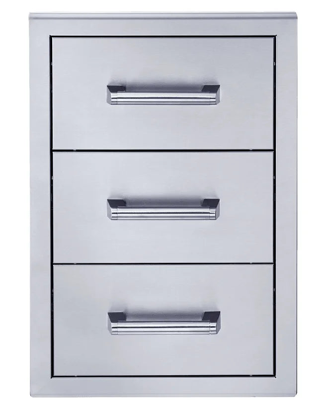 Broilmaster G Series 18-Inch Triple Drawer: premium 304 stainless steel storage unit with three fully enclosed drawers for utensils, tools, and grilling essentials.