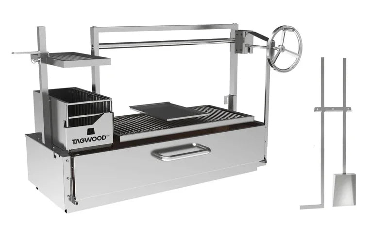 Tagwood XL Built-In Santa Maria Style Grill: High-end outdoor grill built from #304 stainless steel, featuring 1,103 sq. in. grilling area, Santa Maria elevation system, and interchangeable griddle option for authentic Argentine open-fire cooking experience.