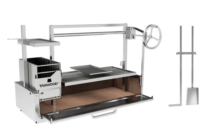 Tagwood XL Built-In Santa Maria Style Grill: Extra-large stainless steel grill with firebrick insulation, 1,103 sq. in. total grilling area, and height-adjustable main grate for precise cooking control.