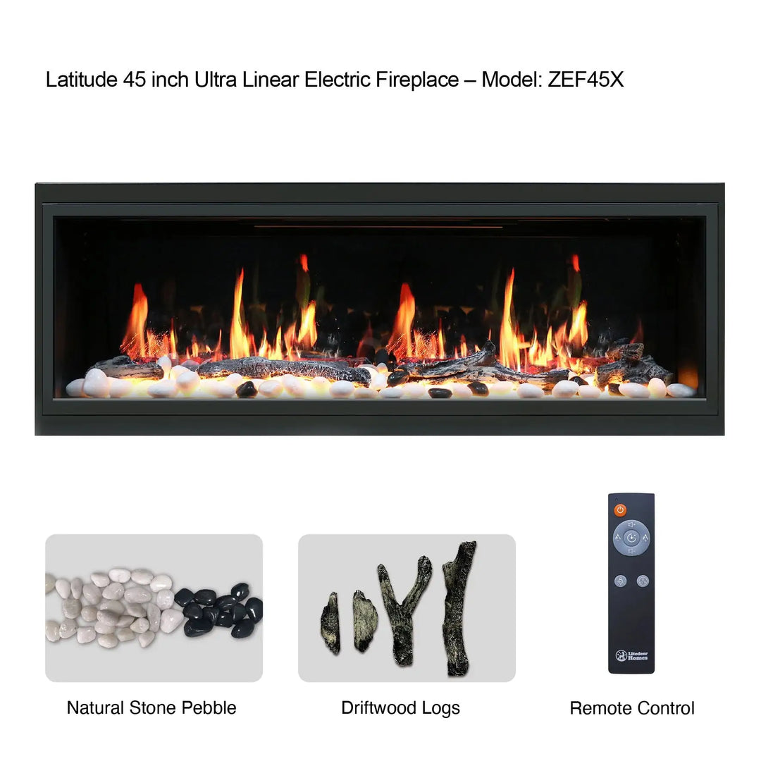 Litedeer Latitude 45-75" Ultra Linear Electric Fireplace with Smart App features a slim 1-inch trim frame, wifi enabled smart control, lifelike real flame, and adjustable crackling fire sounds in a 46-inch ultra-slim built-in electric firebox.