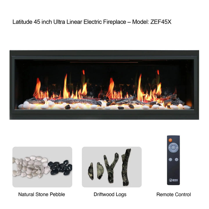 Litedeer Latitude 45-75" Ultra Linear Electric Fireplace with Smart App features a slim 1-inch trim frame, wifi enabled smart control, lifelike real flame, and adjustable crackling fire sounds in a 46-inch ultra-slim built-in electric firebox.