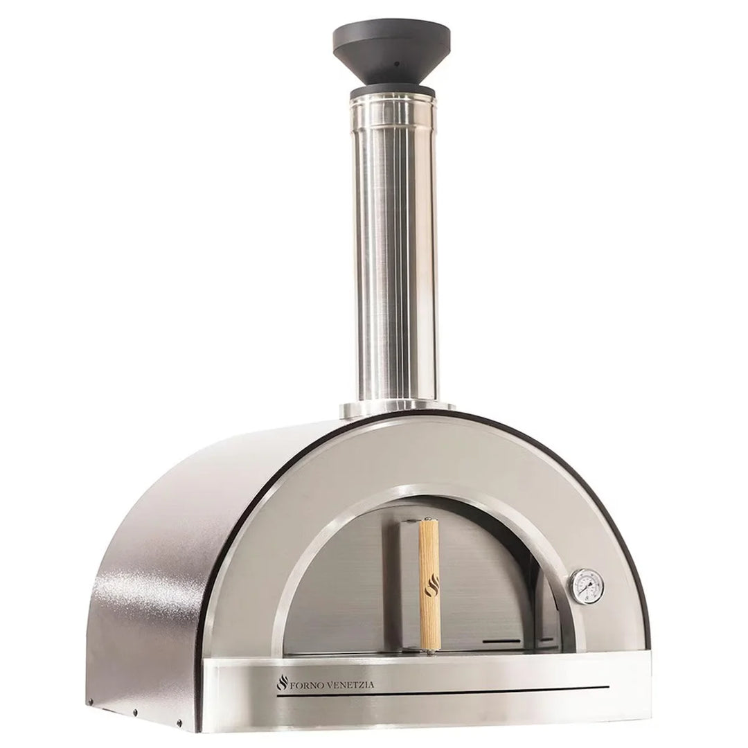 The Forno Venetzia "Pronto 220" Copper Countertop Wood-Fired Oven features a copper-finished dome, refractory brick hearth, and ceramic fiber insulation for superior heat retention.