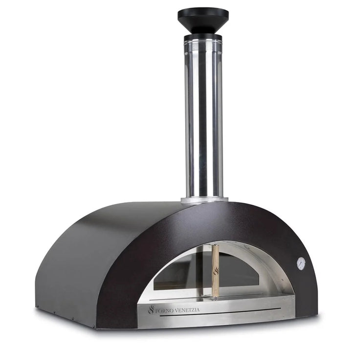 Forno Venetzia "Bellagio 200" Copper: Authentic Italian wood-fired oven with copper dome, glass door, firebrick hearth, and ceramic insulation for cooking up to 5 pizzas in a spacious 36" × 32" area, ideal for outdoor kitchens or BBQ islands.