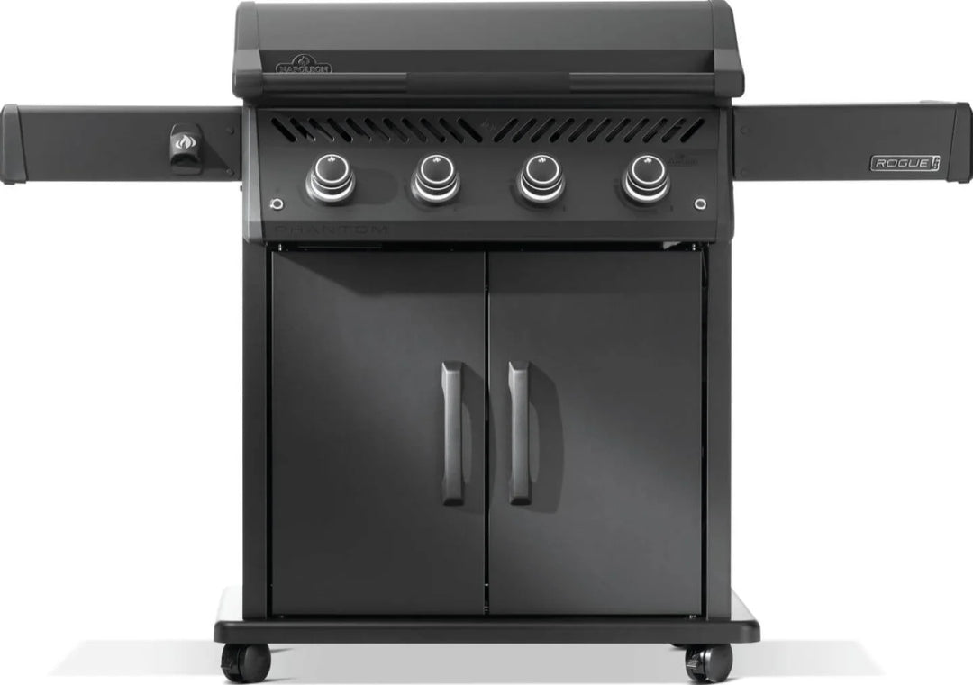 The Napoleon Rogue PRO Phantom 30 Inch Griddle features a rugged matte black finish, rust-resistant stainless steel cooktop, and four burners delivering 33,600 BTUs for exceptional cooking performance and versatility.