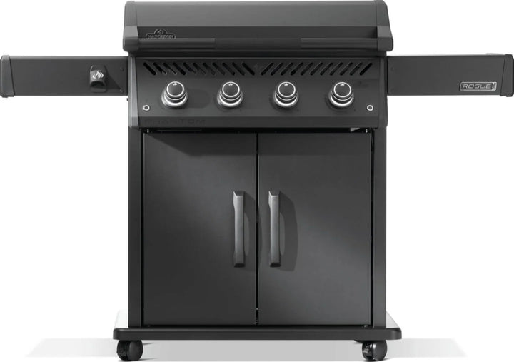 The Napoleon Rogue PRO Phantom 30 Inch Griddle features a rugged matte black finish, rust-resistant stainless steel cooktop, and four burners delivering 33,600 BTUs for exceptional cooking performance and versatility.