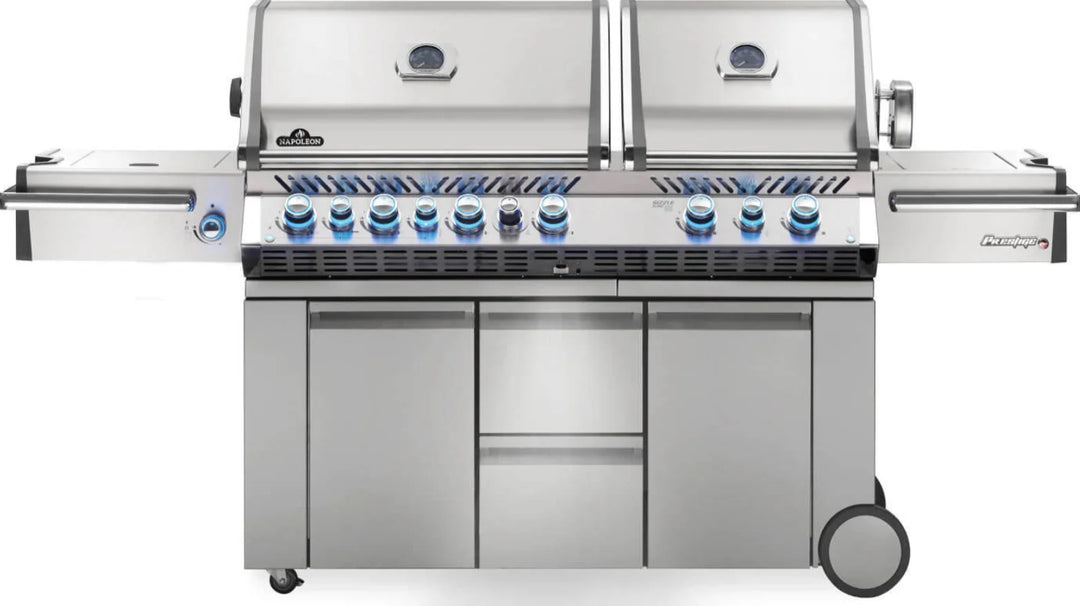 Napoleon Prestige Pro 825 RSBI propane grill features stainless steel body, chrome accents, and dual infrared sear zones for professional cooking results.