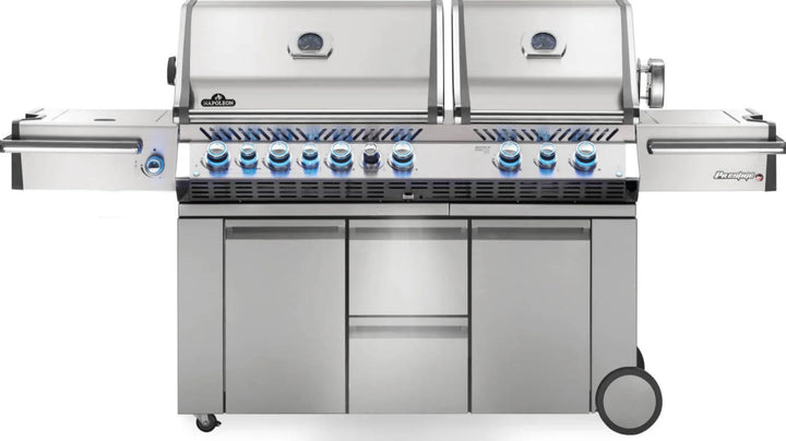 Napoleon Prestige Pro 825 RSBI propane grill features stainless steel body, chrome accents, and dual infrared sear zones for professional cooking results.