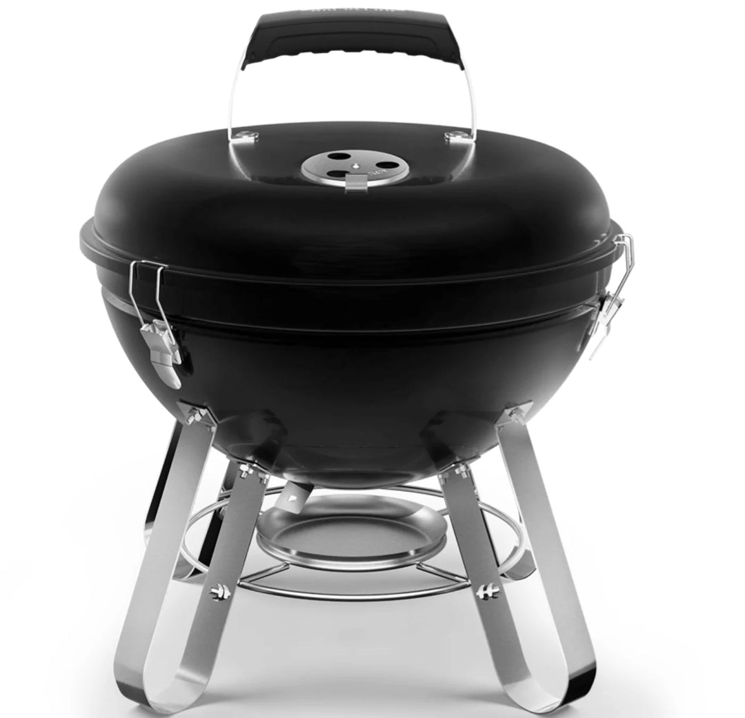 Napoleon Legend 14 Charcoal Portable Kettle Grill: Compact charcoal grill with black porcelain-enameled lid and bowl, chrome-plated cooking grid, and divided charcoal basket for versatile cooking styles.