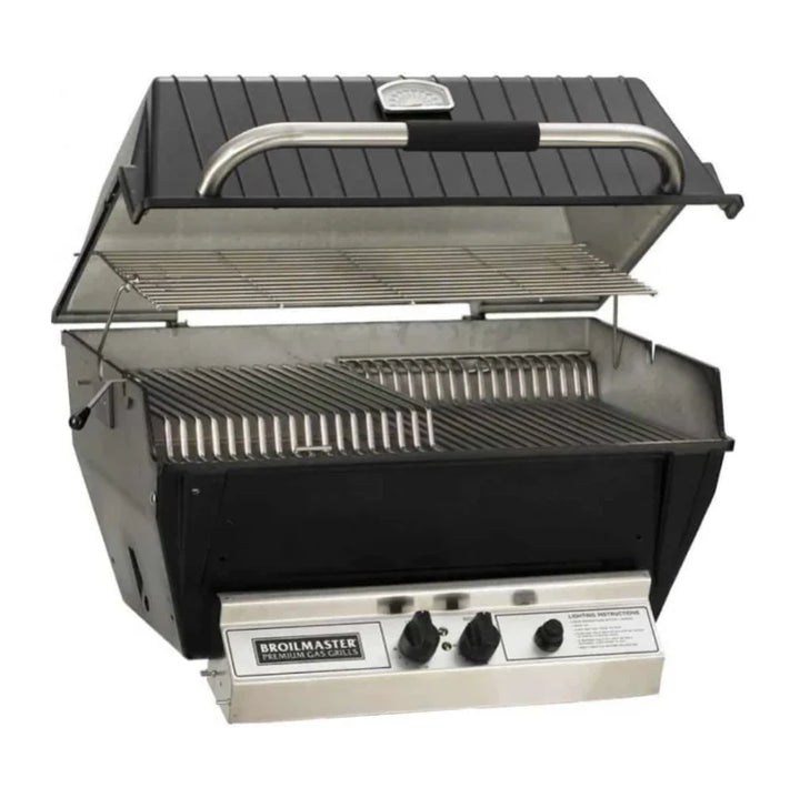Broilmaster Premium P3XF Gas Grill with Flare Buster Flavor Enhancers, featuring heavy-duty cast aluminum construction, 40,000 BTU Bow Tie Burner, and multi-level stainless steel cooking grids.
