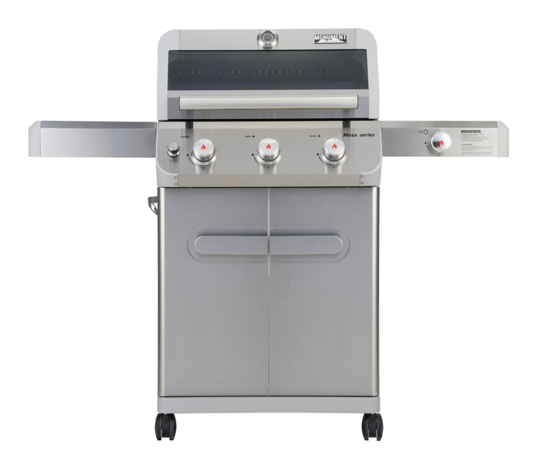 Compact Monument Grills Mesa Series M305 stainless steel gas grill with three high-performance burners delivering 45,000 BTUs of consistent heat across its cooking area.