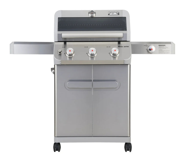 Compact Monument Grills Mesa Series M305 stainless steel gas grill with three high-performance burners delivering 45,000 BTUs of consistent heat across its cooking area.