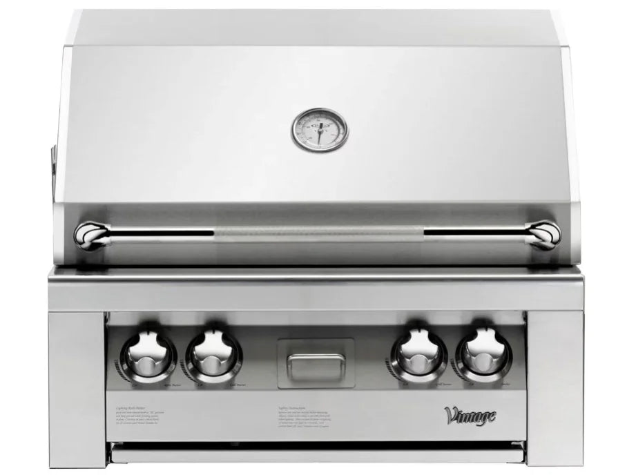 Vintage 30-Inch Built-In Gas Grill, polished stainless steel construction, compact luxury design, multi-burner versatility, precision-engineered for professional power.