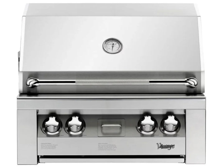 Vintage 30-Inch Built-In Gas Grill, polished stainless steel construction, compact luxury design, multi-burner versatility, precision-engineered for professional power.