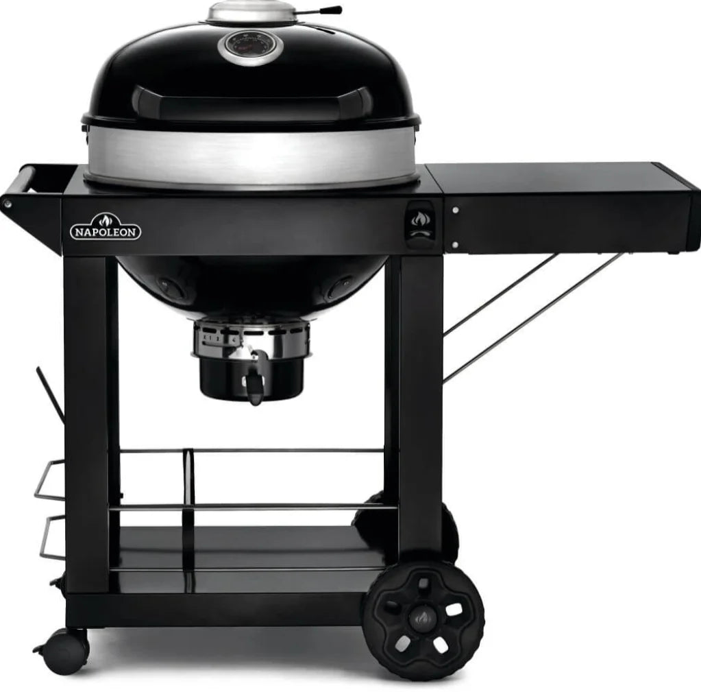 Napoleon Professional 22" Kettle Grill with Cart: High-performance charcoal grill mounted on sturdy mobile cart with folding side shelf, porcelain-coated cast iron cooking grids, Vortex Heat Management System, and generous prep space for expert grilling.
