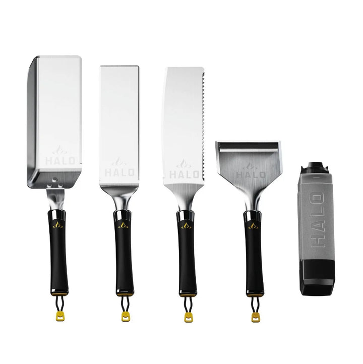 HALO 5-Piece Elite Essentials Griddle Tool Kit features stainless steel construction, magnetic handles, and essential tools for cooking, serving, and cleanup on your HALO Elite Griddle.