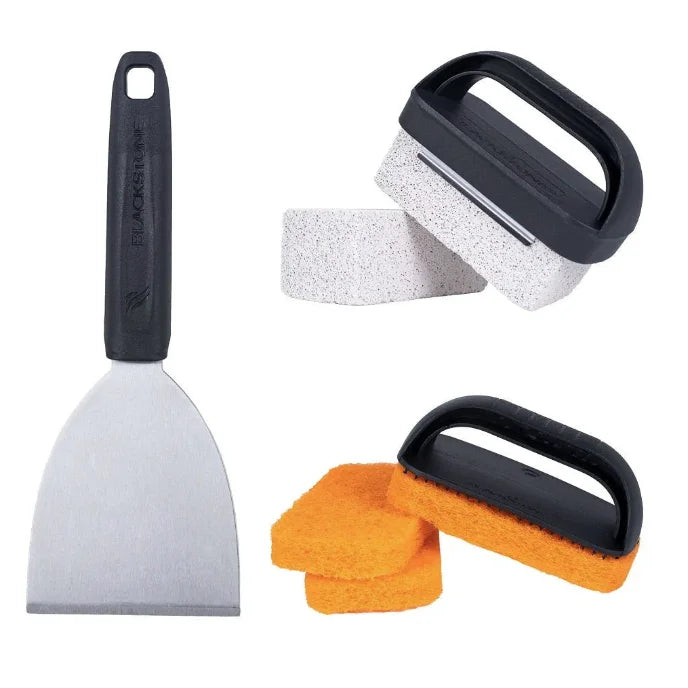 Blackstone 8 Piece Griddle Cleaning Kit featuring scrub pads, griddle bricks, and scraper for daily maintenance and long-term care to restore your cooking surface to its original smooth state.
