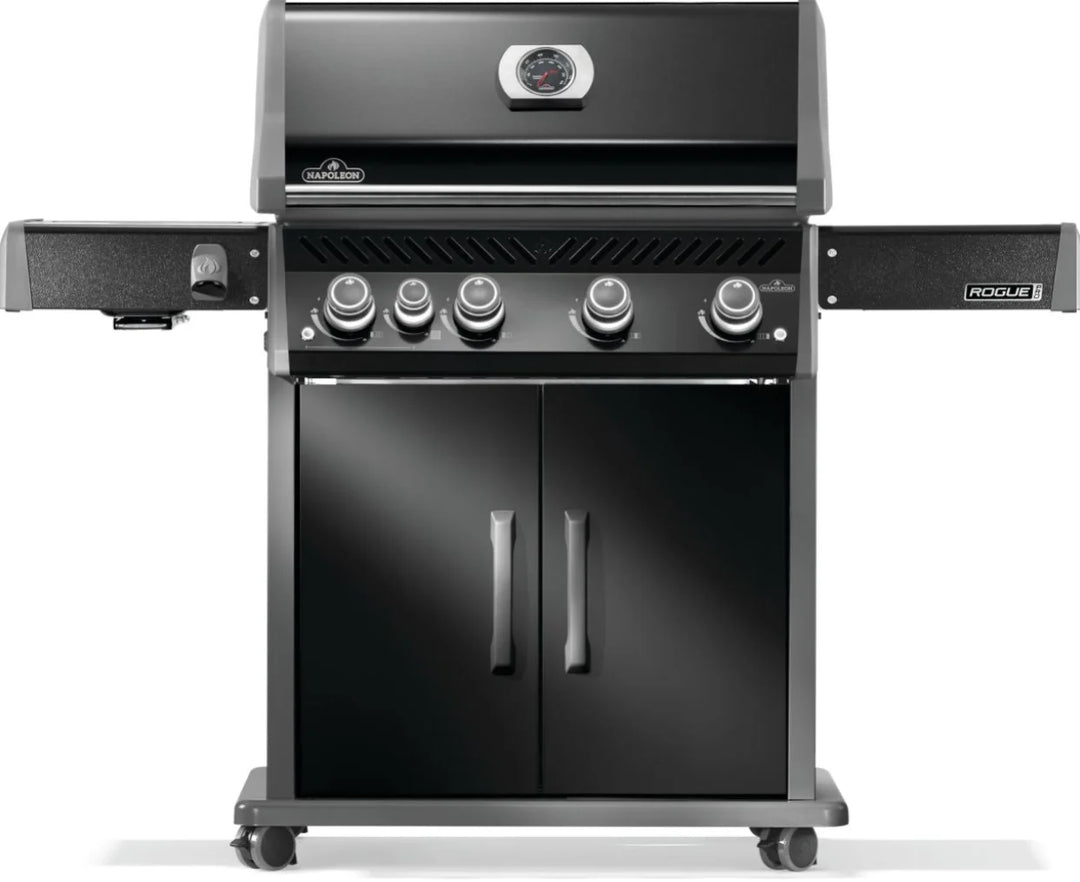 Napoleon Rogue PRO 525 Black Natural Gas Grill with Infrared Side Burner features four main burners, integrated infrared SIZZLE ZONE side burner, and porcelainized cast iron cooking grids for professional-grade performance in a sleek, weather-resistant design.
