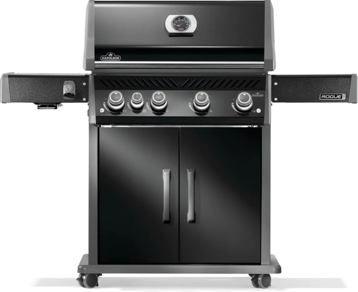 Napoleon Rogue PRO 525 Black Natural Gas Grill with Infrared Side Burner features four main burners, integrated infrared SIZZLE ZONE side burner, and porcelainized cast iron cooking grids for professional-grade performance in a sleek, weather-resistant design.
