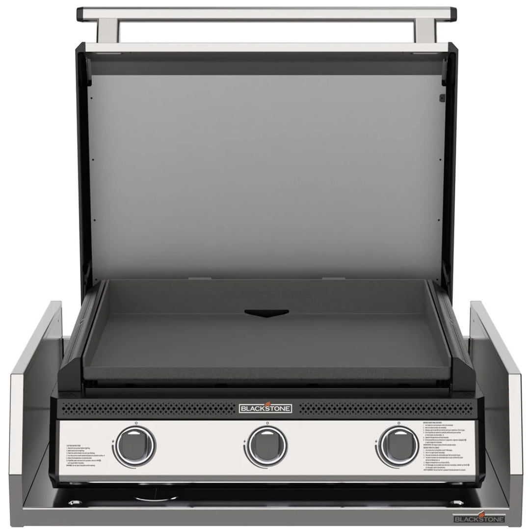 Blackstone 28” Deep Drop-In Griddle with Hood and Insulating Jacket: 304-grade stainless steel construction, Omnivore Griddle Plate for faster preheat and recovery times, three independently controlled heat zones, built-in hood and ambient puddle lighting.