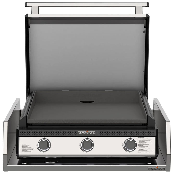 Blackstone 28” Deep Drop-In Griddle with Hood and Insulating Jacket: 304-grade stainless steel construction, Omnivore Griddle Plate for faster preheat and recovery times, three independently controlled heat zones, built-in hood and ambient puddle lighting.