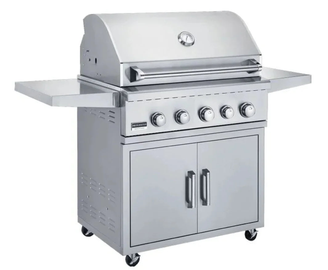 Broilmaster B-Series 32" Stainless Steel Portable Gas Grill, premium construction features four cast stainless steel burners delivering 56,000 BTUs across 690 sq. in. cooking surface.