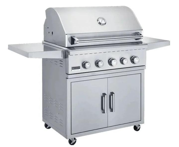 Broilmaster B-Series 32" Stainless Steel Portable Gas Grill, premium construction features four cast stainless steel burners delivering 56,000 BTUs across 690 sq. in. cooking surface.