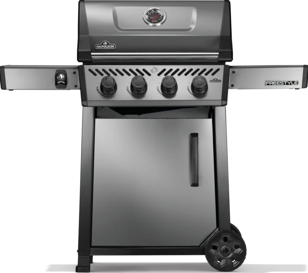 Napoleon 24" Freestyle 425 Gas Grill features four stainless steel burners delivering 38,000 BTUs of grilling power, along with durable cast iron cooking grids and JETFIRE ignition system for reliable lighting every time.
