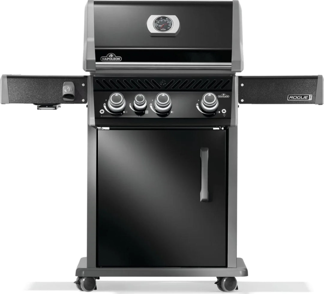 Napoleon Rogue PRO 425 SIB with Premium Black Finish features porcelainized cast iron cooking grids, infrared side burner, and durable black finish for superior grilling performance.