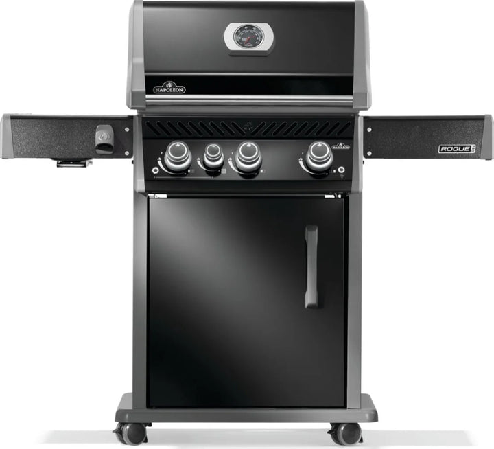 Napoleon Rogue PRO 425 SIB with Premium Black Finish features porcelainized cast iron cooking grids, infrared side burner, and durable black finish for superior grilling performance.