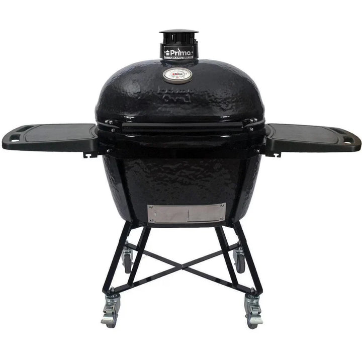 Primo All-In-One Oval Large 300 Ceramic Kamado Grill With Cradle, Side Shelves, And Stainless Steel Grates - PGCLGC