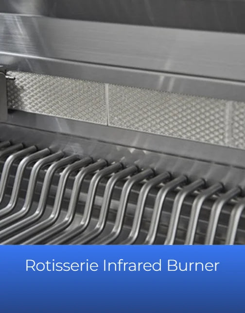 Broilmaster G-Series 34" Portable Gas Grill features three Bow Tie burners producing 54,000 BTUs, plus an 11,000 BTU rear infrared rotisserie burner, with 806 sq. in. of cooking area and premium 304 stainless steel construction.