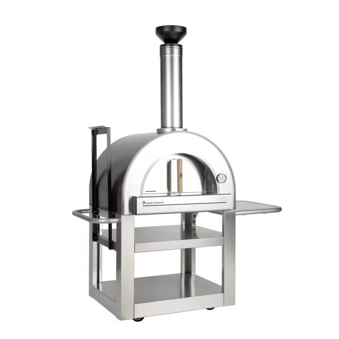 Forno Venetzia Pronto 500 Copper - Authentic Italian wood-fired oven with freestanding cart, featuring 480 sq. in. cooking surface, firebrick hearth, and UV-resistant copper dome finish.