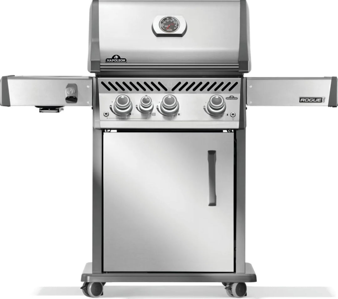 Napoleon Rogue PRO 425 SIB Gas Grill with Infrared Side Burner features three main burners, stainless steel Iconic WAVE cooking grids, and an infrared side burner for intense heat searing.
