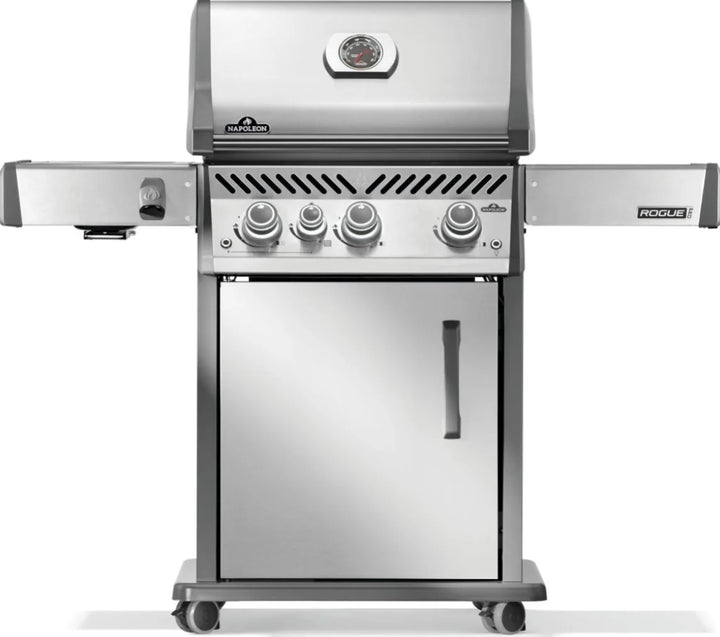 Napoleon Rogue PRO 425 SIB Gas Grill with Infrared Side Burner features three main burners, stainless steel Iconic WAVE cooking grids, and an infrared side burner for intense heat searing.