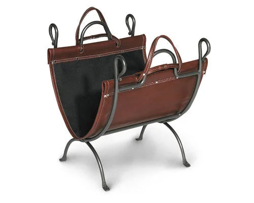 Pilgrim Anvil Log Holder - Vintage iron frame with premium leather & canvas sling, extra-long handles for effortless transport and sturdy construction.