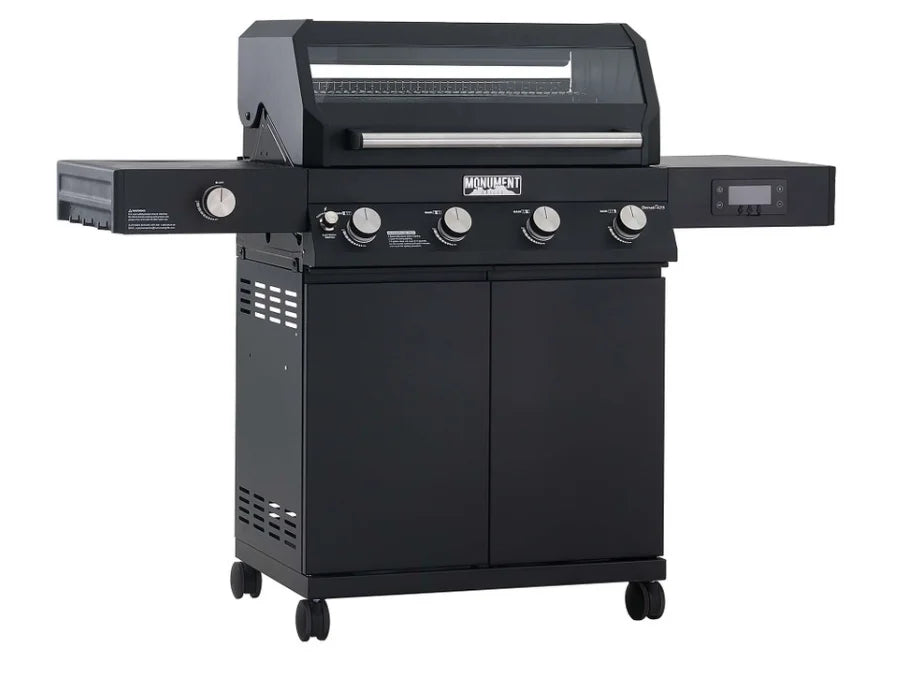 Monument Grills "D425" Gas Grill - Denali Series: A high-performance black powder-coated propane grill with digital touchscreen display, Bluetooth connectivity, and 725 sq. in. of total cooking space, featuring a powerful 4-burner system, ClearView lid, porcelain-coated firebox, and cast-iron grates.