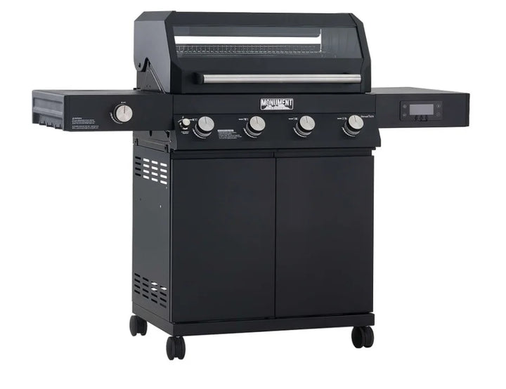 Monument Grills "D425" Gas Grill - Denali Series: A high-performance black powder-coated propane grill with digital touchscreen display, Bluetooth connectivity, and 725 sq. in. of total cooking space, featuring a powerful 4-burner system, ClearView lid, porcelain-coated firebox, and cast-iron grates.