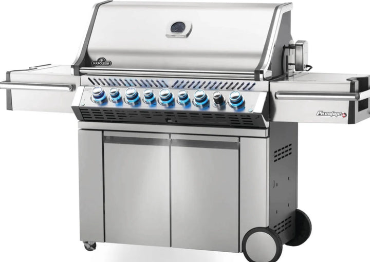 Napoleon Prestige Pro 665 RSIB luxury propane gas grill featuring infrared side & rear burners, stainless steel body, and 1,142 sq. in. cooking space.