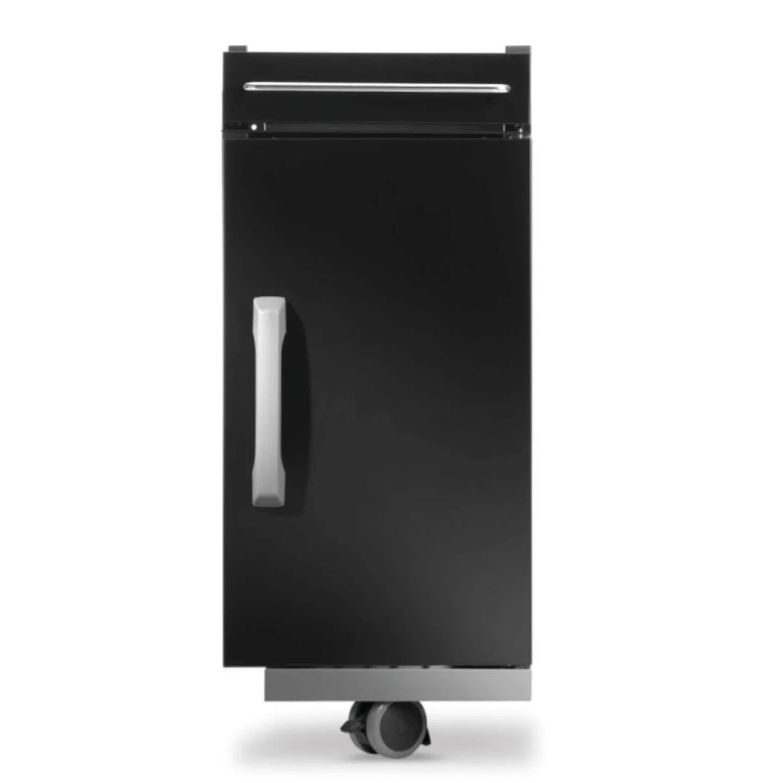 Napoleon Rogue PRO Under Grill Storage Cart in premium gloss black finish, featuring a top drawer, tool hooks, storage divider, and locking caster wheels for organized cooking space.