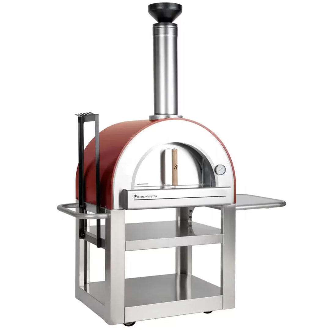 Forno Venetzia "Pronto 500" Red - Authentic Italian wood-fired oven in sleek red finish, featuring 480 sq. in. cooking area for two pizzas, firebrick hearth, and dual-layer ceramic insulation with durable powder-coated dome.